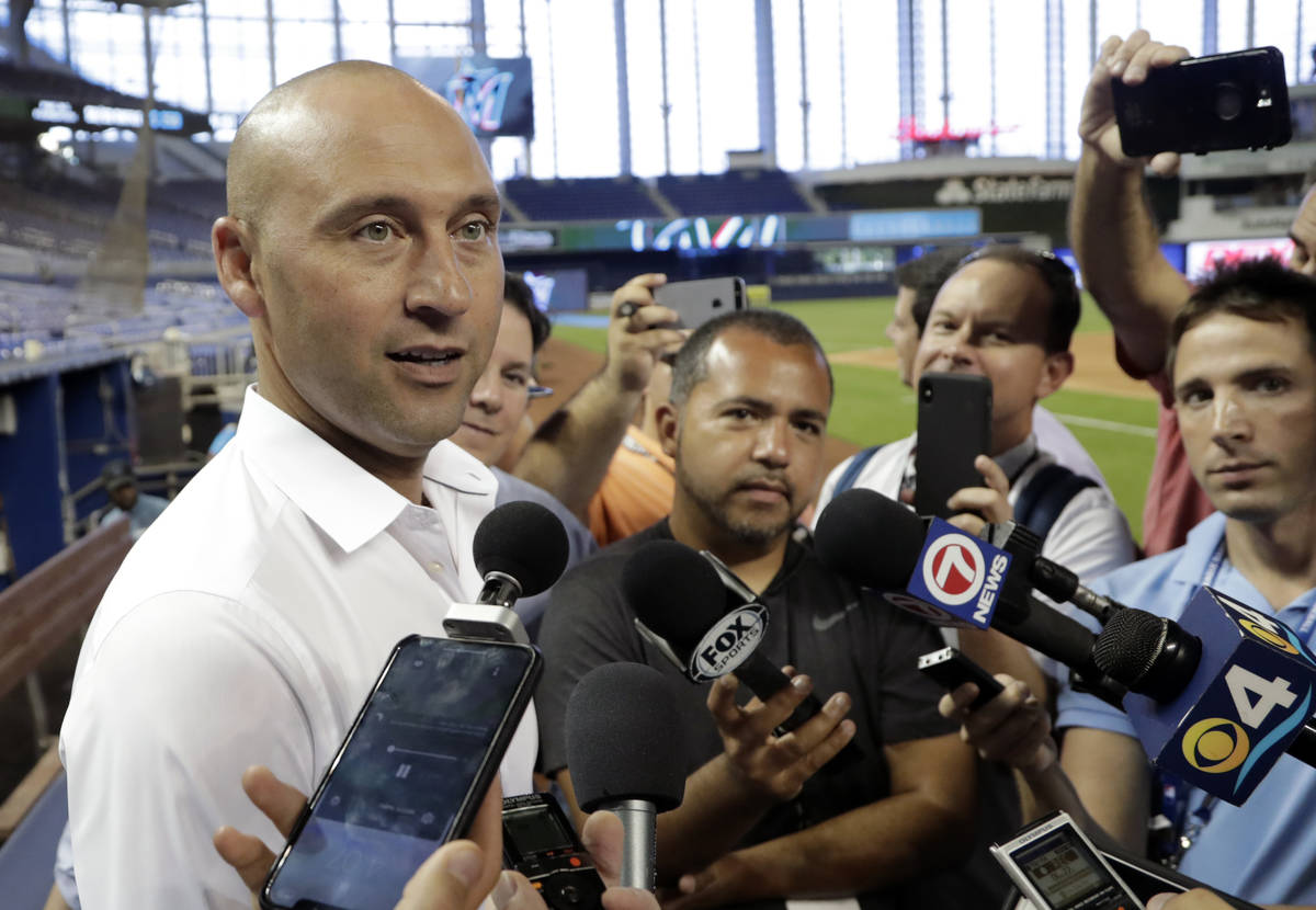 FILE - In this May 3, 2019, file photo, Miami Marlins CEO Derek Jeter talks with reporters befo ...