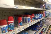 An aisle with antacid medication is seen Thursday, April 30, 2020, in a CVS at Tropicana Avenue ...