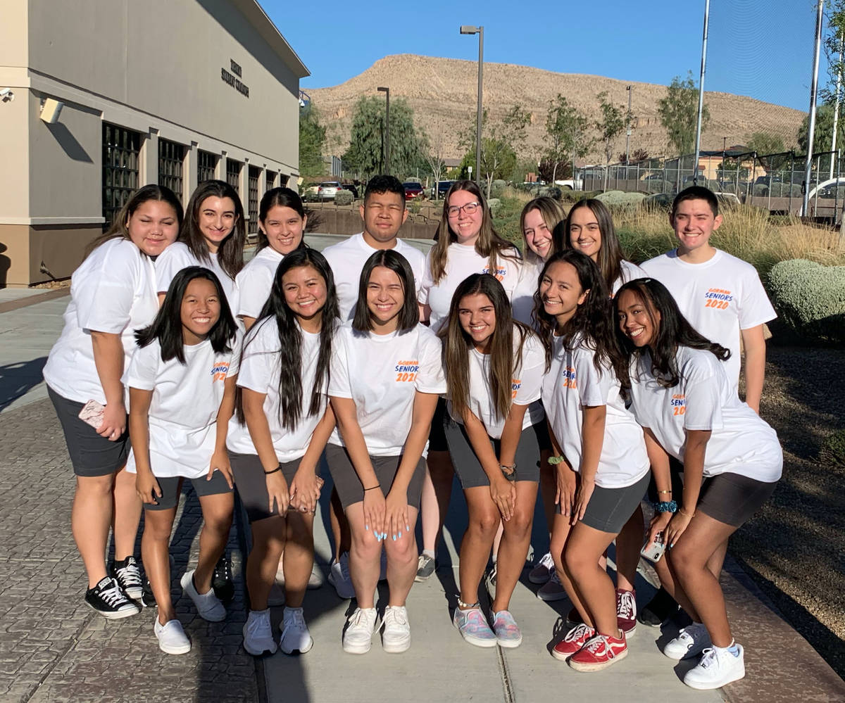 A group of Bishop Gorman High School seniors poses in class shirts on Aug. 13, 2019. (Maeve Walsh)