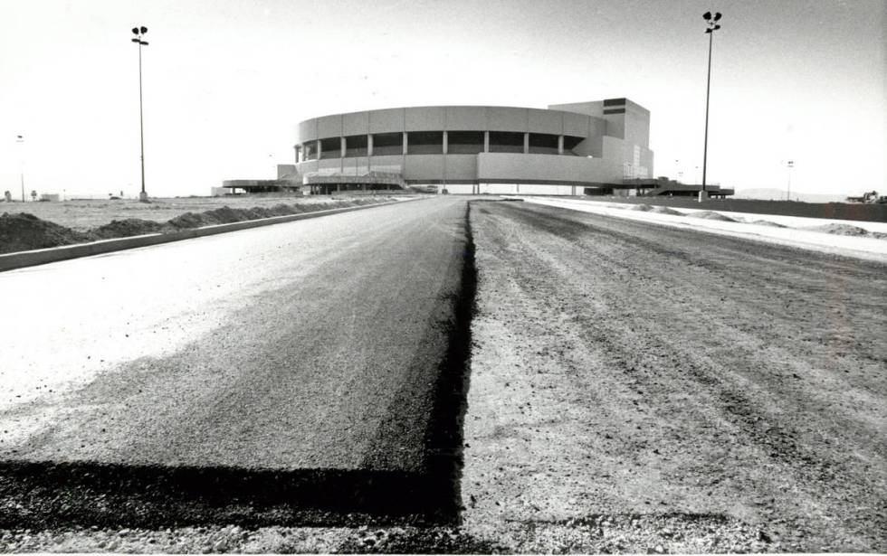 Thomas & Mack Center is seen on Oct. 4, 1983, as paving continued on the parking lot around it. ...