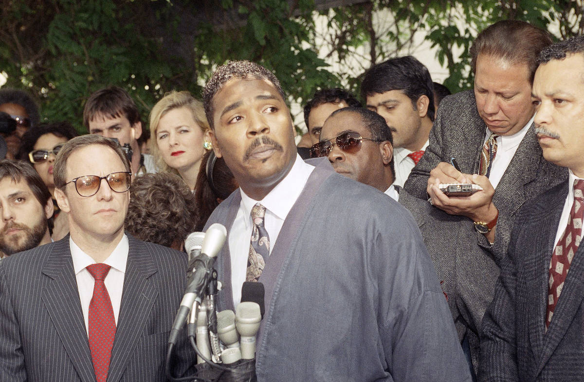 This May 1, 1992, file photo shows Rodney King making a statement at a Los Angeles news confere ...