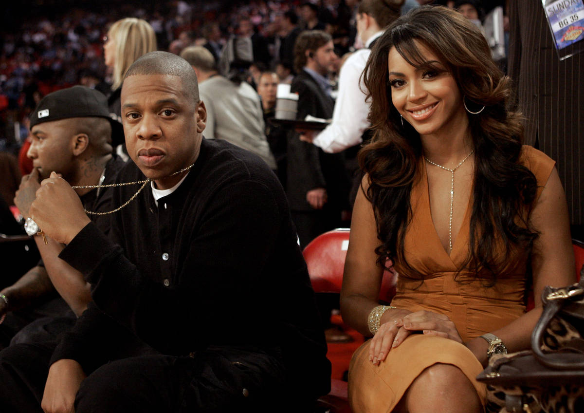 Entertainers Jay-Z and Beyonce are photographed before the NBA All-Star basketball game in Las ...
