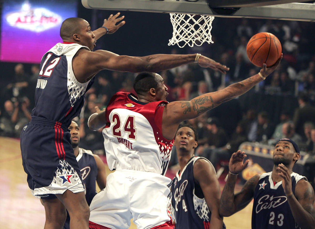NBA Eastern Conference player (L) Dwight Howard tries to block NBA Western Conference player ( ...