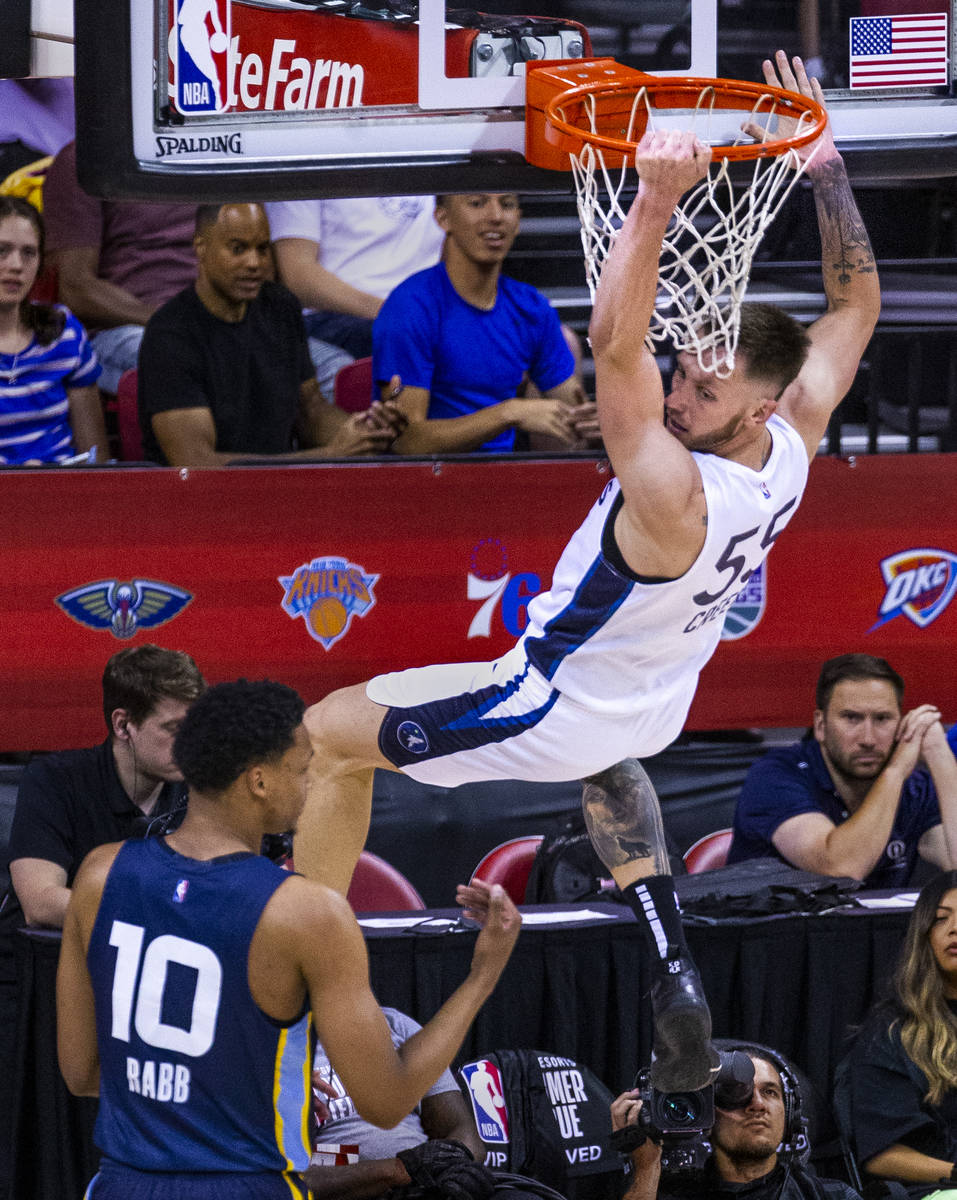 Minnesota Timberwolves forward Mitch Creek, above, looks back after a big dunk over Memphis Gri ...