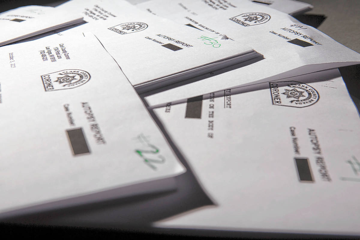 Clark County Medical Coroner autopsy reports shot in the RJ studio in Las Vegas, Friday, March ...