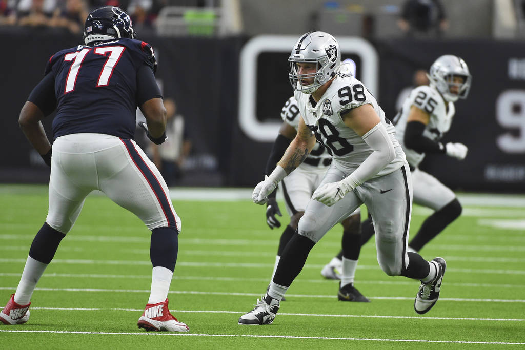Oakland Raiders defensive end Maxx Crosby (98) during the second half of an NFL football game a ...