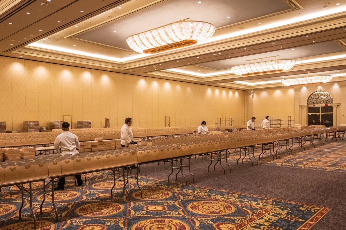 Assembly line of boxed meals for Catholic Charities of Southern Nevada (The Venetian)