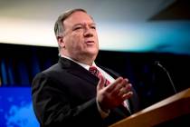 FILE - In this April 29, 2020, file photo Secretary of State Mike Pompeo speaks at a news confe ...