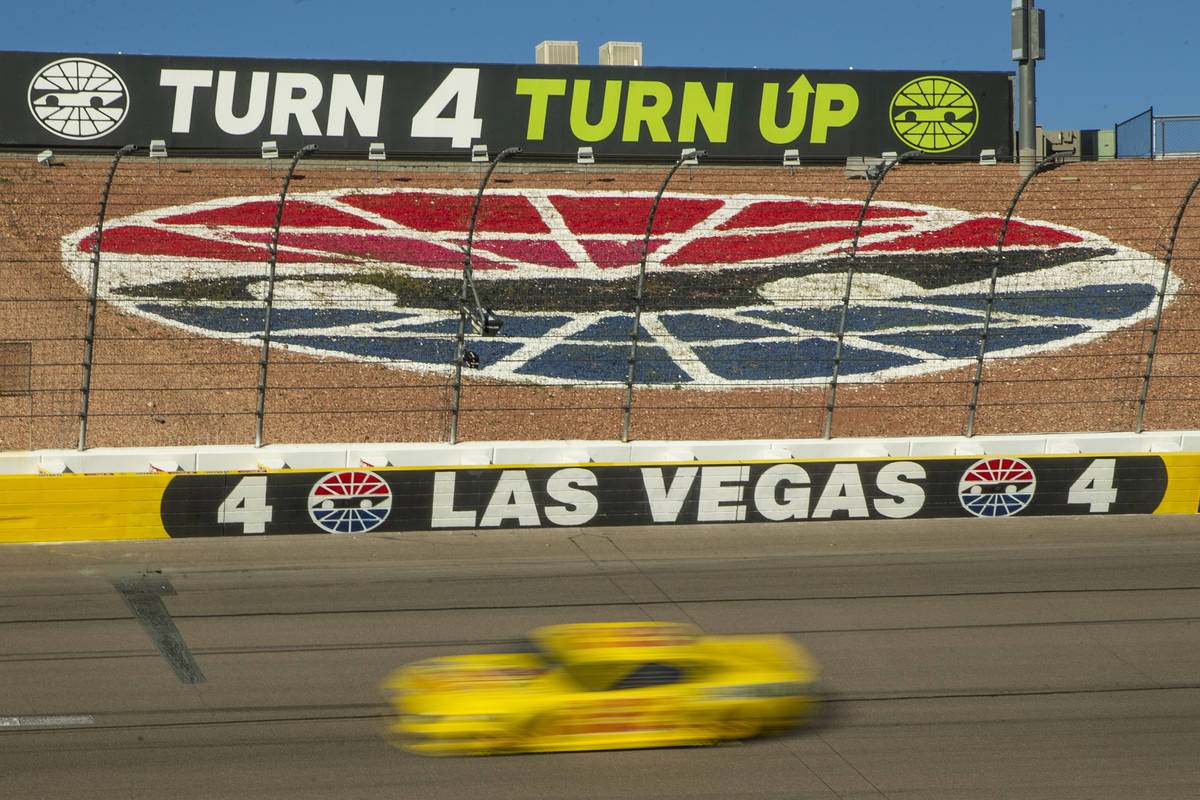 Joey Logano (22) cruises into turn four late in the race during the Pennzoil 400 presented by J ...