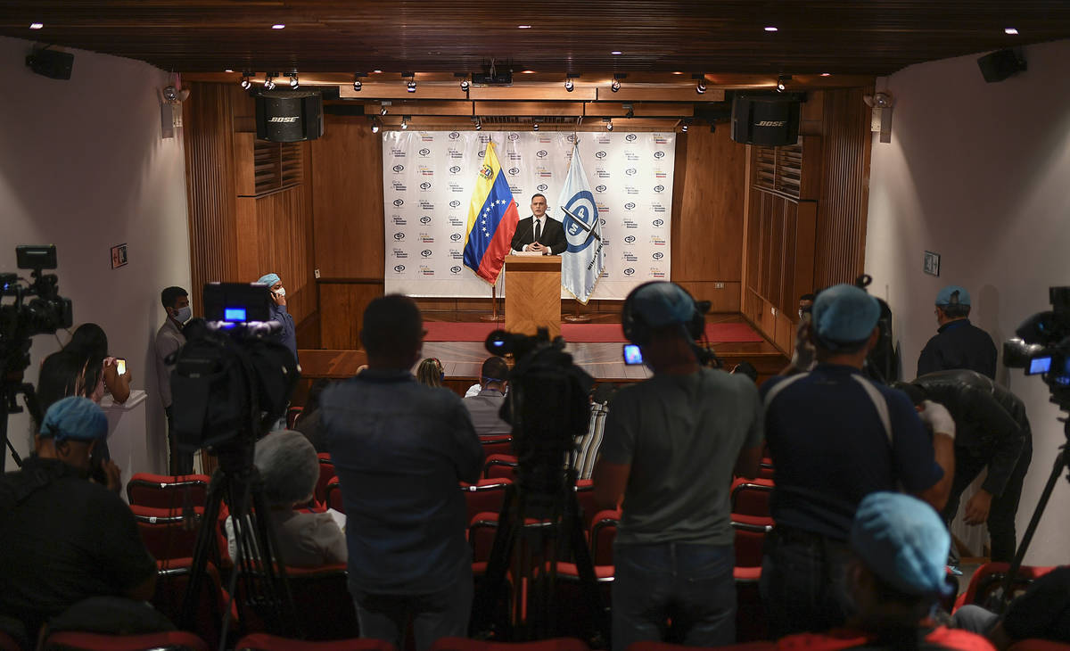 Venezuela's Attorney General Tarek William Saab gives a press conference regarding what the gov ...