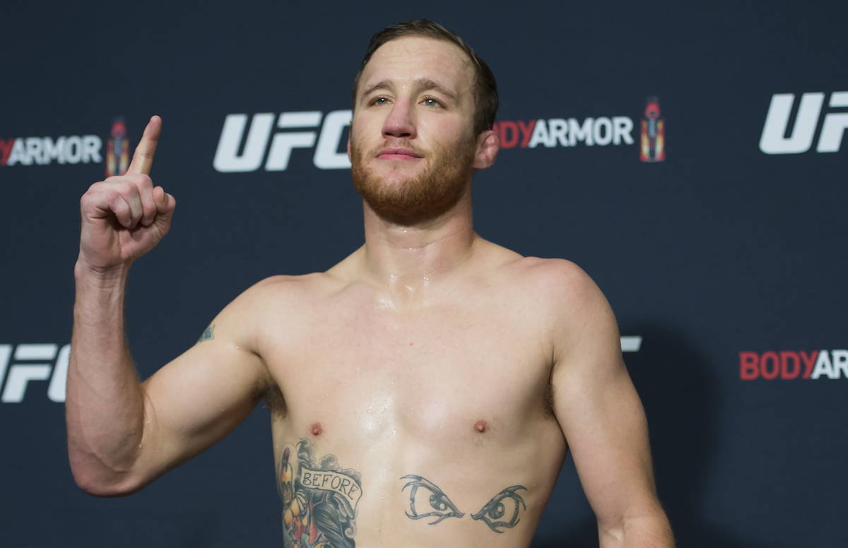 13, 2019, file photo, lightweight fighter Justin Gaethje poses at a UFC Fig...