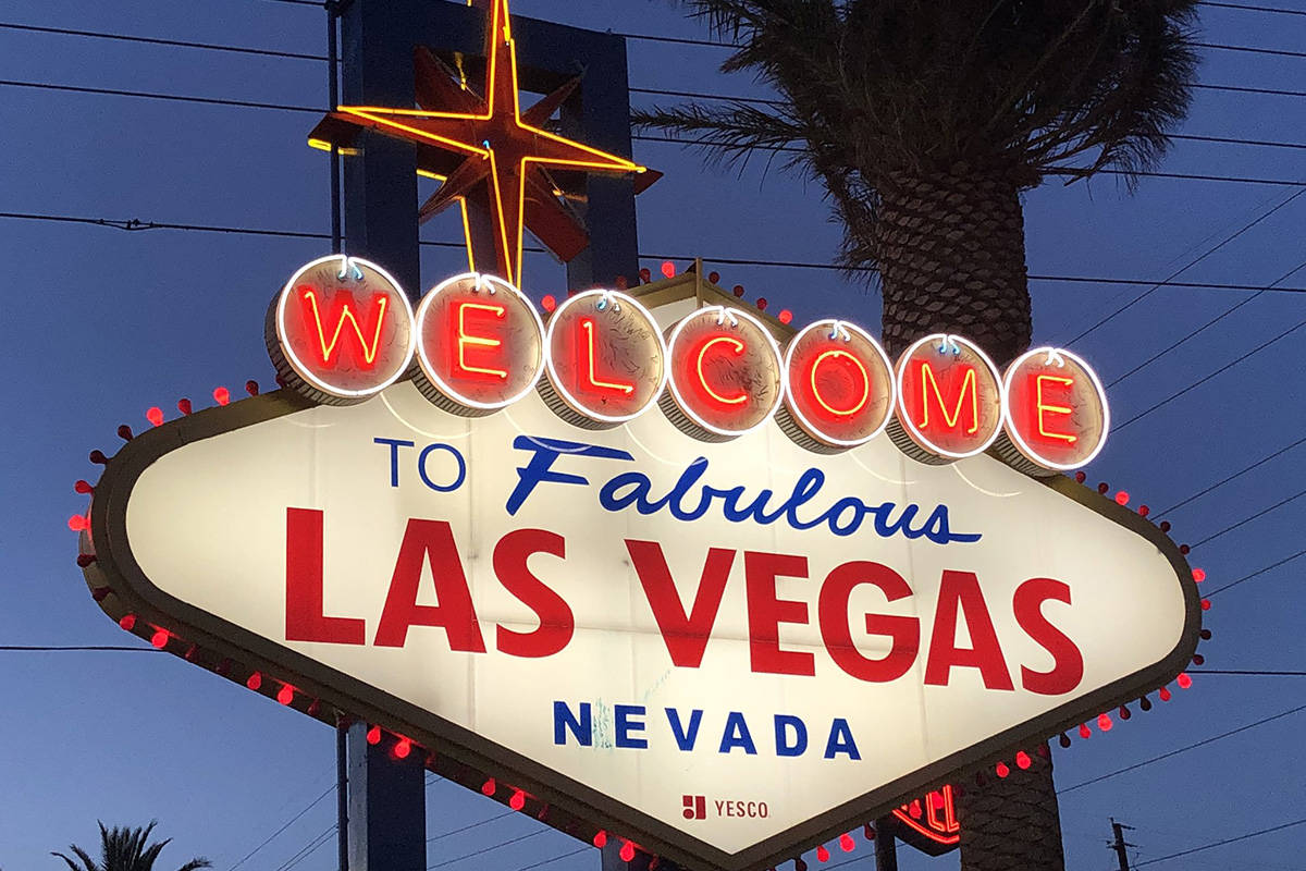 The "Welcome to Fabulous Las Vegas" sign is lighted up in red on Tuesday, May 5, 2020, in honor ...