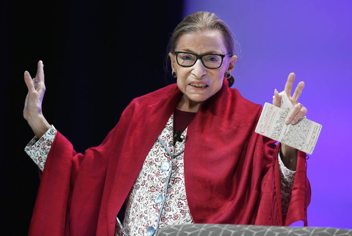 In this Oct. 3, 2019 file photo, U.S. Supreme Court Justice Ruth Bader Ginsburg gestures to stu ...