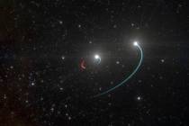 This illustration provided by the European Southern Observatory in May 2020 shows the orbits of ...