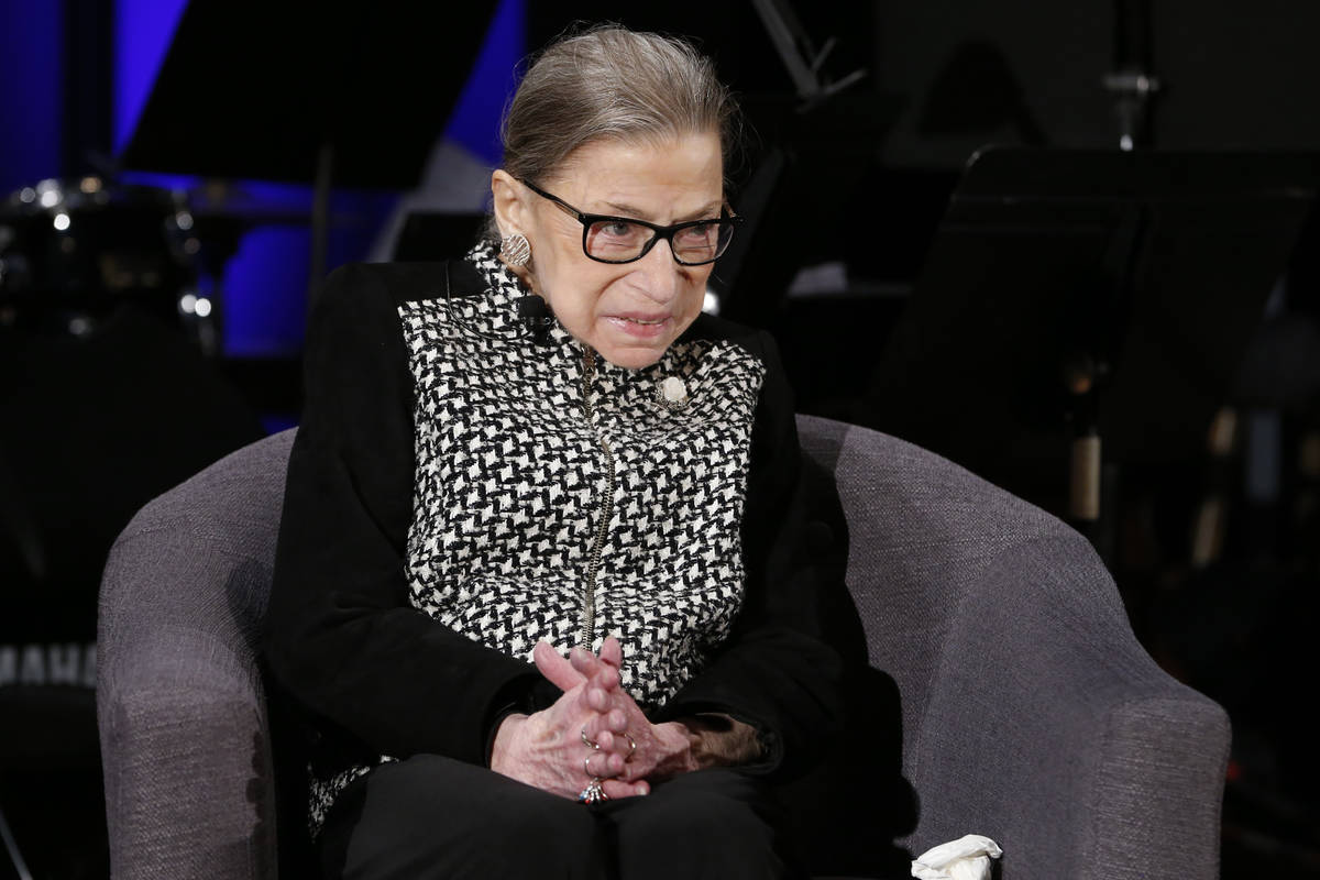 FILE - In this Dec. 17, 2019, file photo Supreme Court Justice Ruth Bader Ginsburg speaks with ...