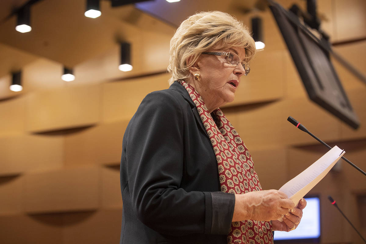 Las Vegas Mayor Carolyn Goodman delivers a public statement during a public meeting at the Las ...