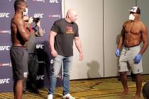 UFC middleweights Uriah Hall, left, and Ronaldo "Jacare" Souza, right, engage in a so ...