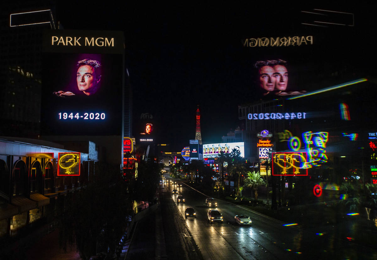 Tributes to Roy Horn, of Siegfried & Roy, are displayed along The Strip on Friday, May 8, 2 ...