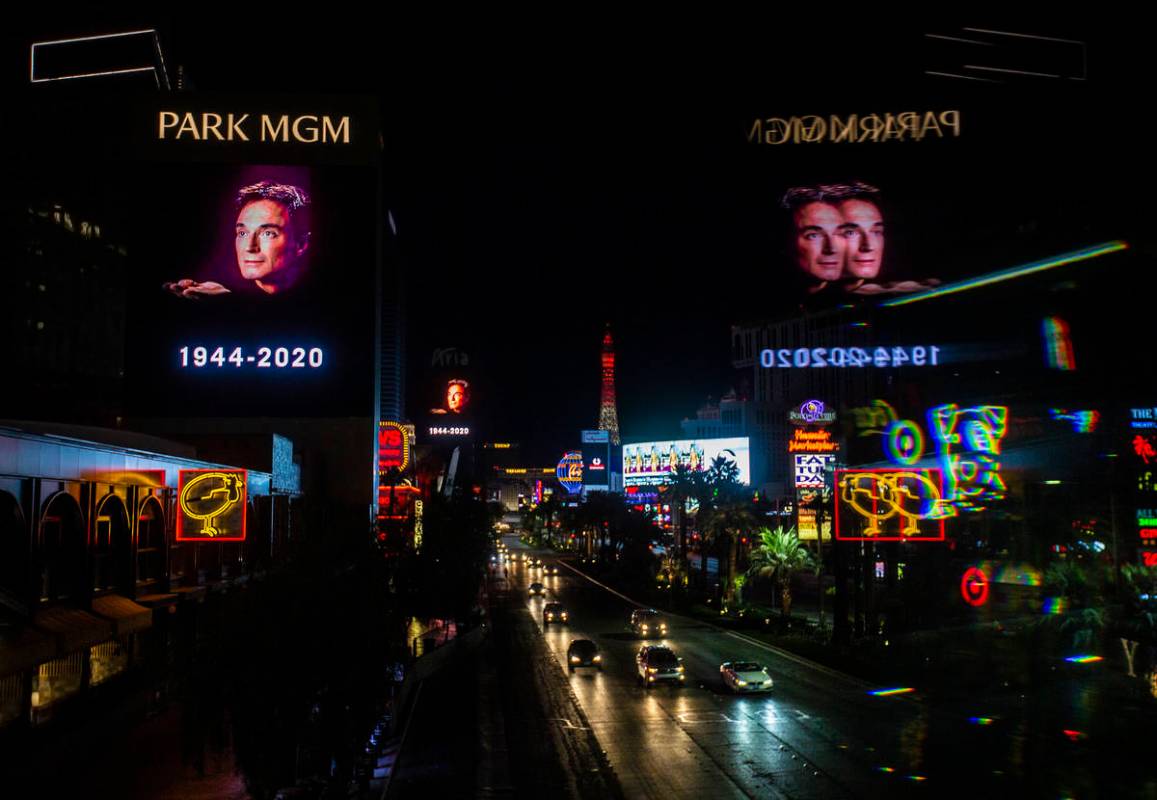 Tributes to Roy Horn, of Siegfried & Roy, are displayed along The Strip on Friday, May 8, 2 ...