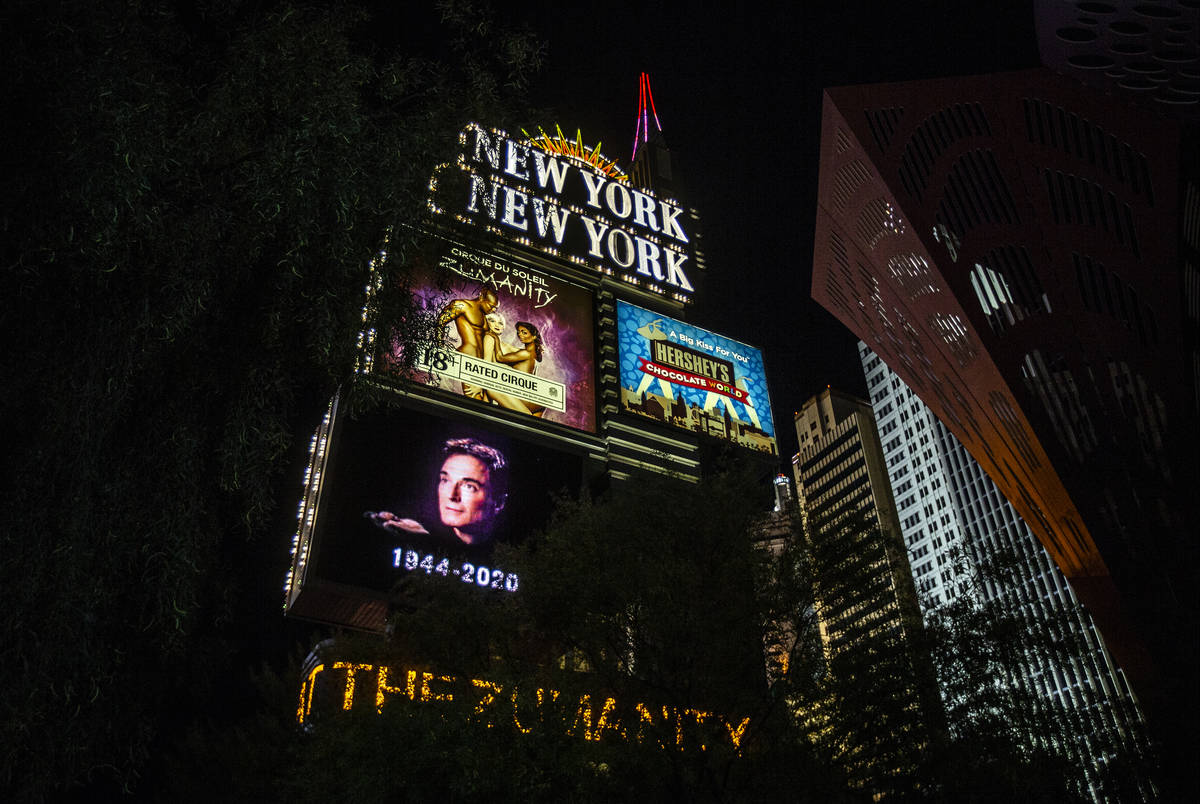 Tributes to Roy Horn, of Siegfried & Roy, are displayed along The Strip on Friday, May 8, 2 ...