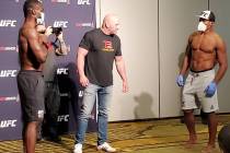 UFC middleweights Uriah Hall, left, and Ronaldo "Jacare" Souza, right, engage in a social dista ...
