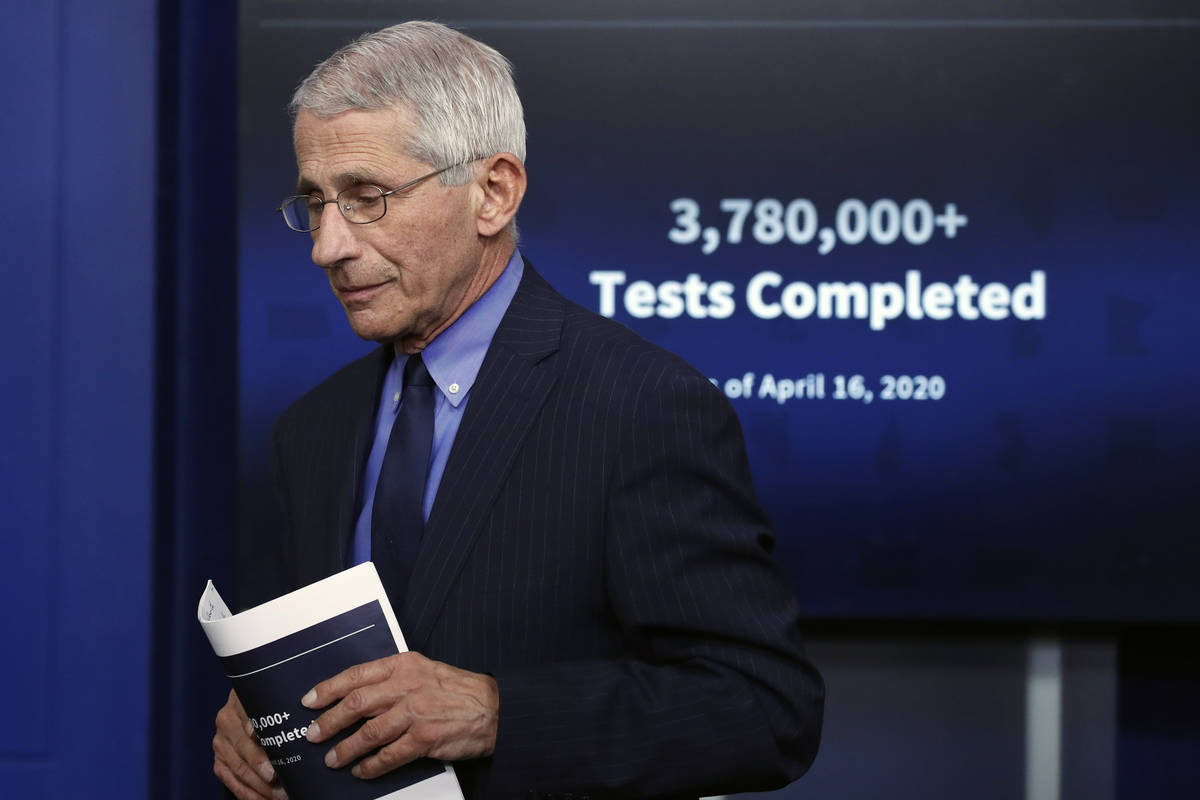 FILE - In this Friday, April 17, 2020, file photo, Dr. Anthony Fauci, director of the National ...