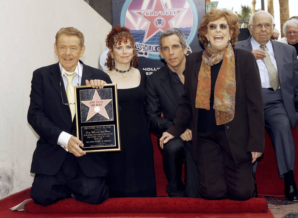 FILE - In this Feb. 9, 2007, file photo, actors Jerry Stiller, far left, and Anne Meara, second ...