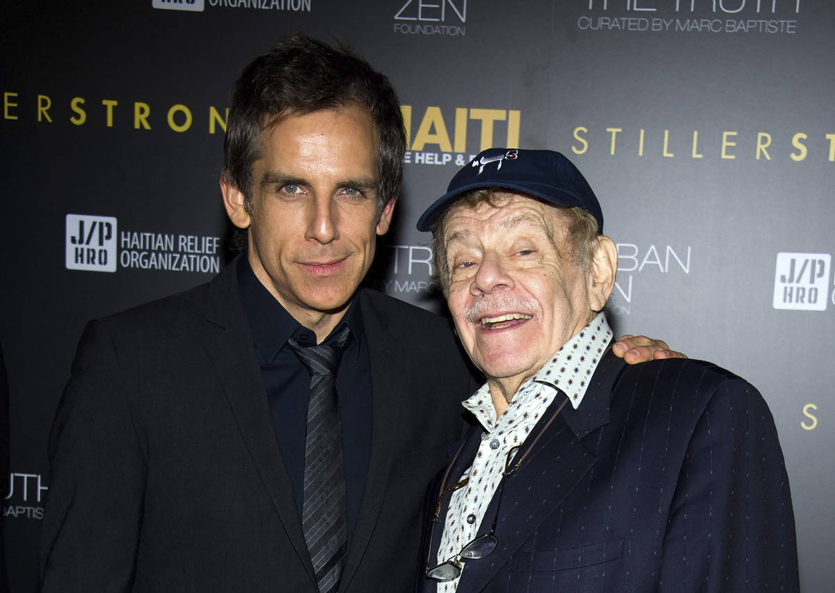 In this Feb. 11, 2011, photo, Ben Stiller, left, and his father Jerry Stiller arrive at the Hel ...