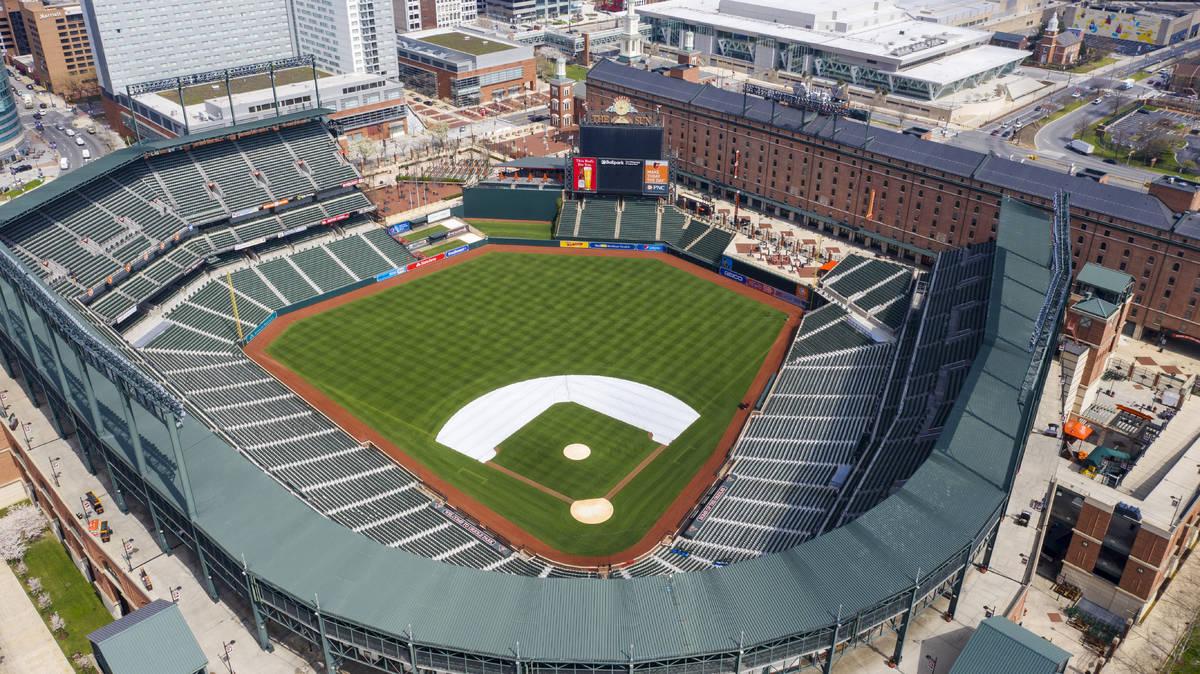 FILE - In this Thursday, March 26, 2020, file photo, Oriole Park at Camden Yards is closed on w ...