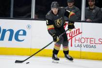 Vegas Golden Knights' Zach Whitecloud plays against the New Jersey Devils during an NHL hockey ...