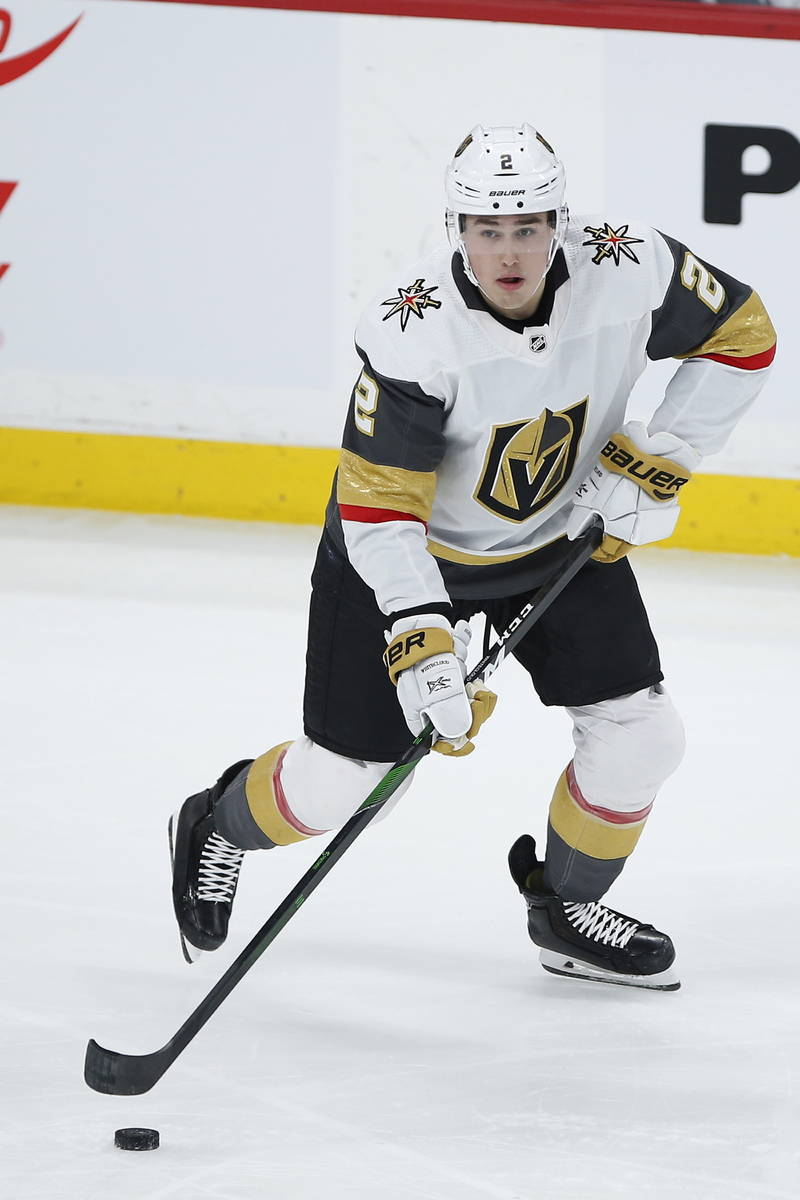 Vegas Golden Knights' Zach Whitecloud plays against the Winnipeg Jets during the first period o ...