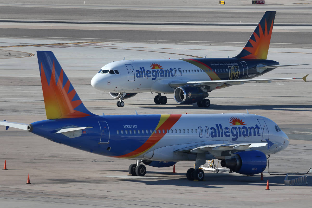 An Allegiant Air airplane taxis at McCarran International Airport in Las Vegas, Tuesday, Jan. 1 ...