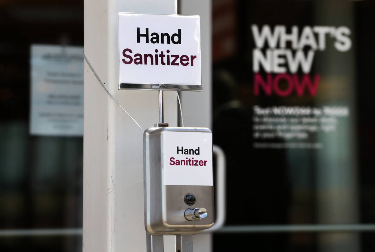 Hand sanitizer stations are now installed throughout the Las Vegas North Premium Outlets as see ...
