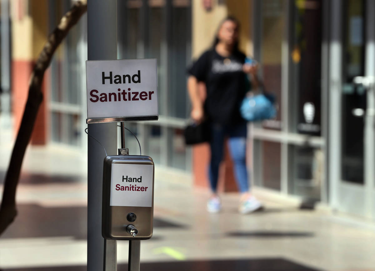 Hand sanitizer stations are now installed throughout the Las Vegas North Premium Outlets as see ...