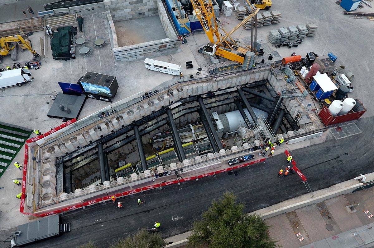An aerial view of a tunnel boring machine is seen at the construction site during a media tour ...