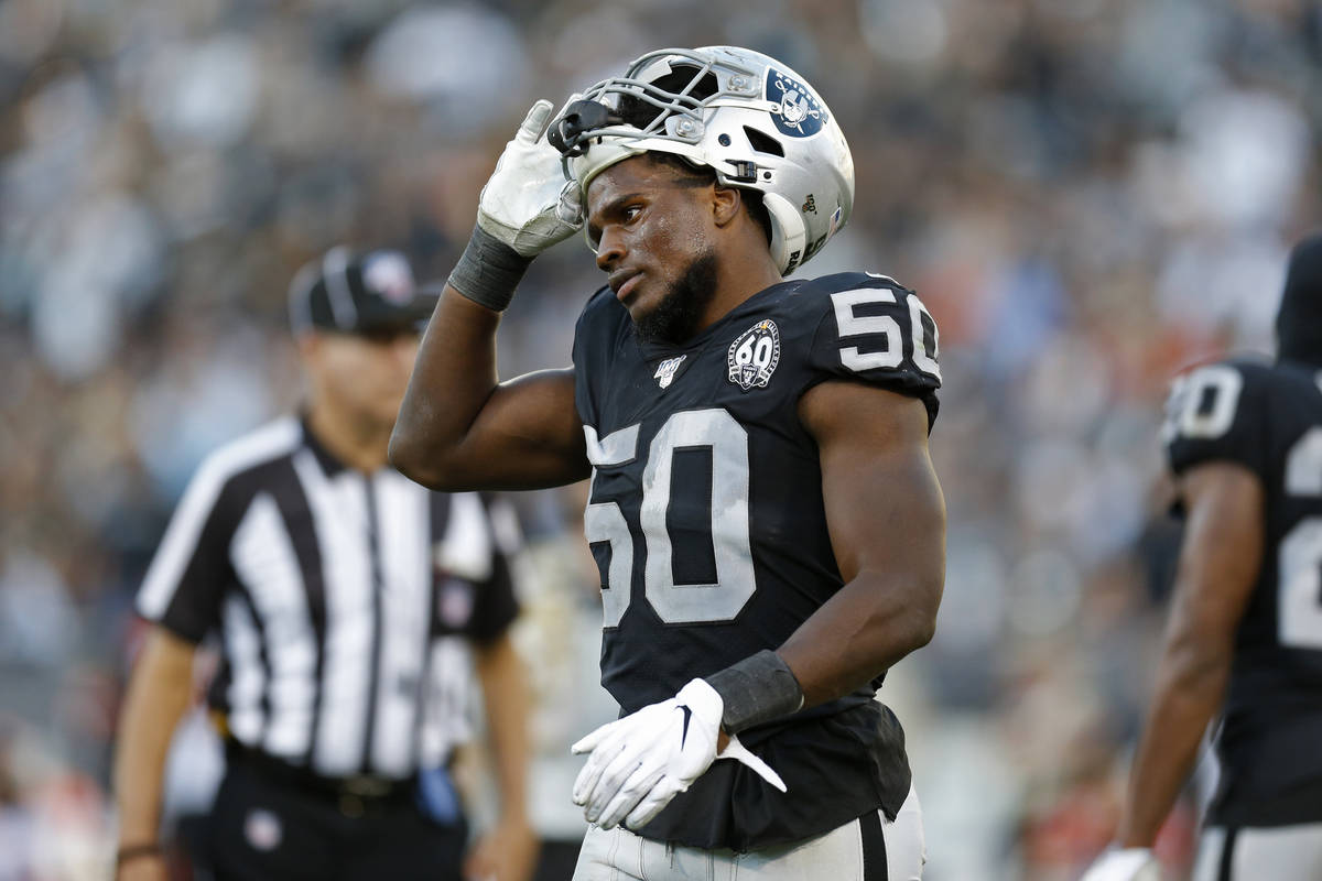Oakland Raiders linebacker Nicholas Morrow during the second half of an NFL football game in Oa ...