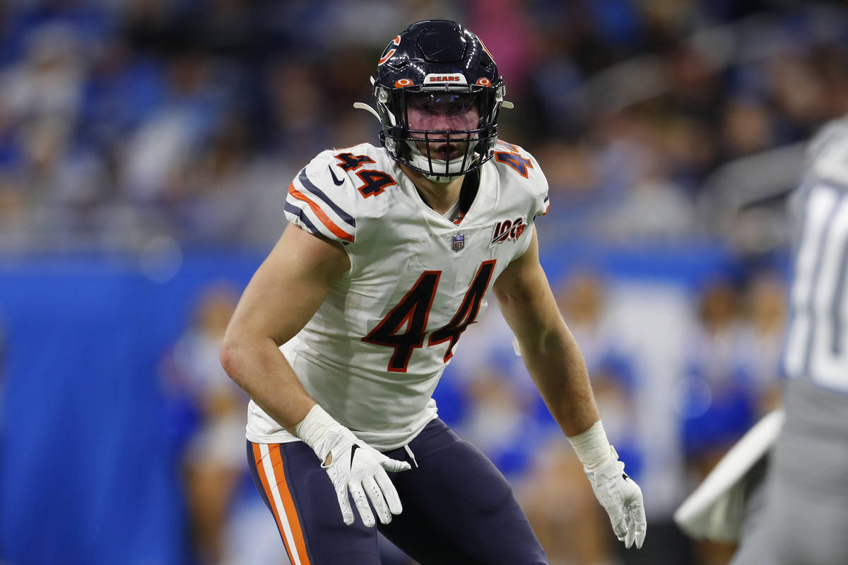 Chicago Bears inside linebacker Nick Kwiatkoski plays against the Detroit Lions during an NFL f ...