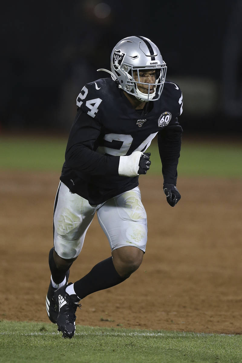 Oakland Raiders safety Johnathan Abram defends a play during an NFL football game against the D ...