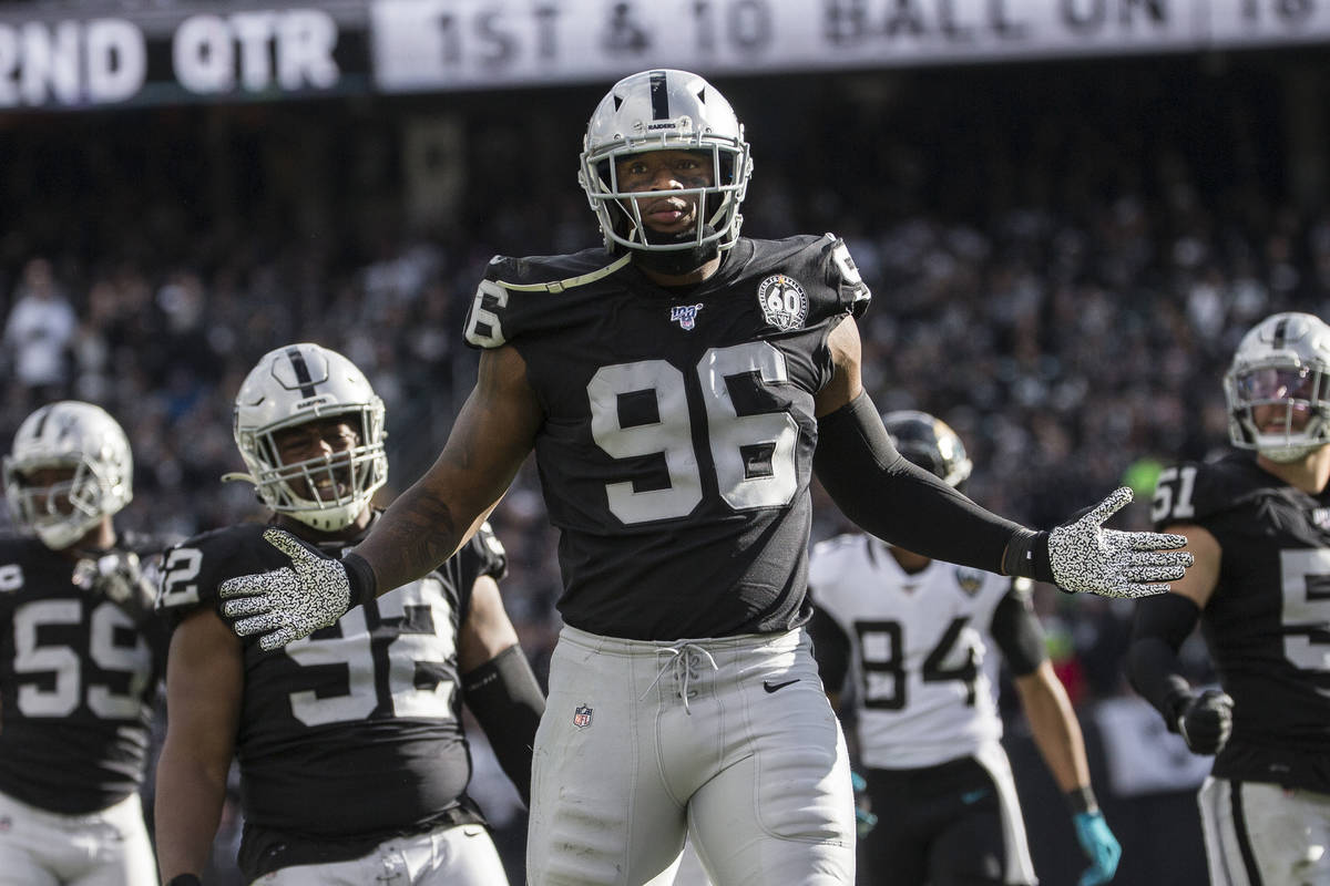 Oakland Raiders defensive end Clelin Ferrell (96) celebrates after