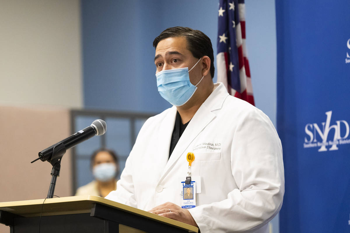 Dr. Luis Medina-Garcia, UMC infectious disease specialist, speaks to the media about how COVID- ...