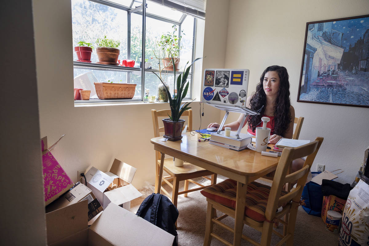 Sam O'Connell packs and cleans her apartment in Las Vegas on Tuesday, May 19, 2020. (Elizabeth ...