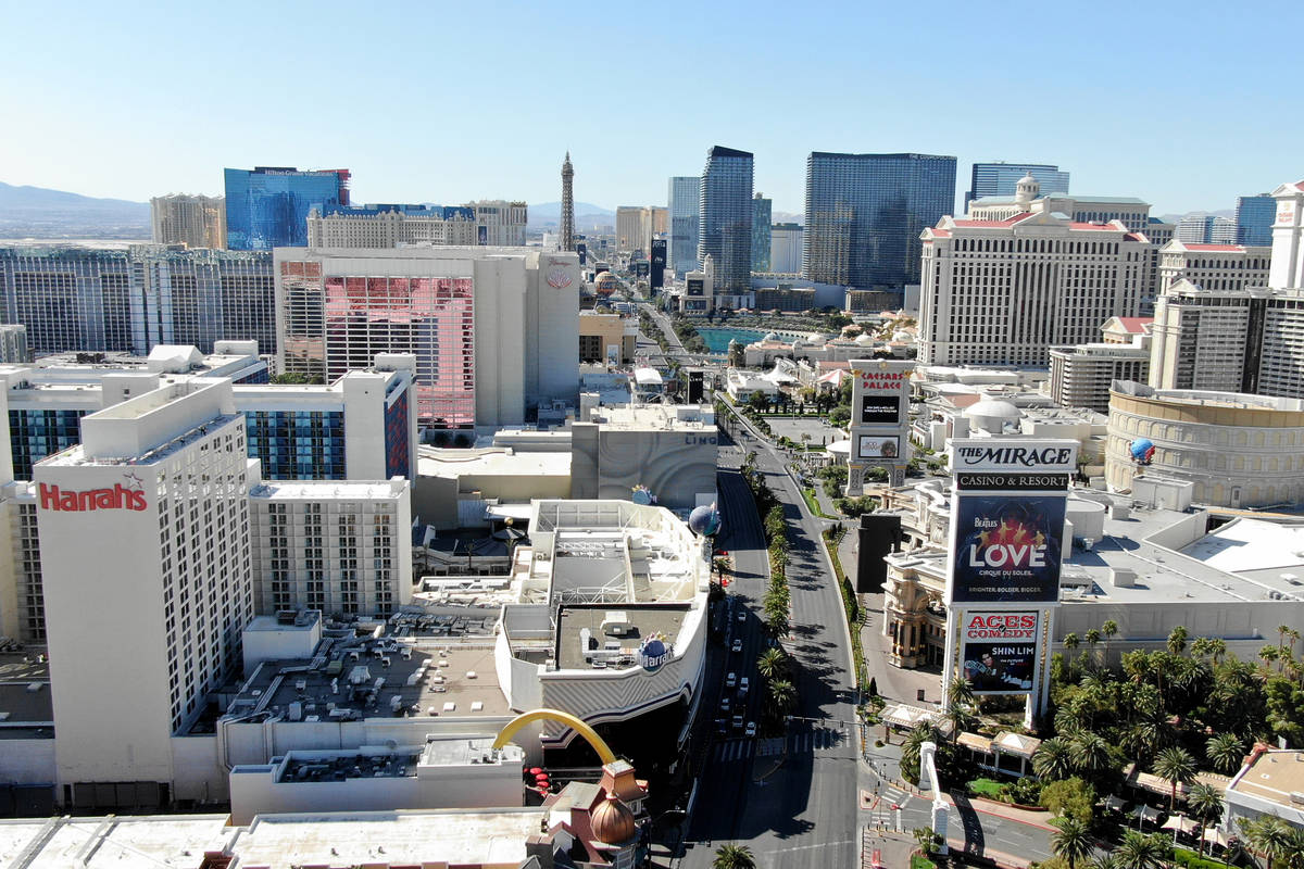 An aerial photo of the Las Vegas Strip after all Las Vegas casinos have been shut down during t ...