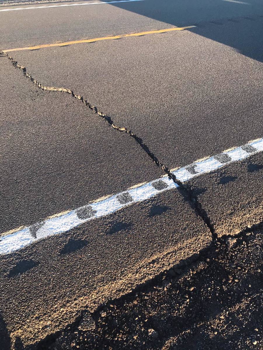 Cracks on U.S. 95 west of Tonopah caused by a 6.5-magnitude earthquake on Friday, May 15, 2020. ...
