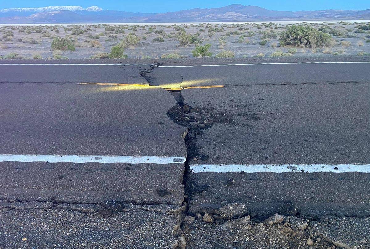 Road separation is evident on U.S. Highway 95 near Coaldale in western Nevada after a 6.5-magni ...