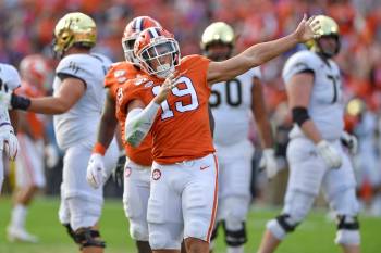 FILE - In this Nov. 16, 2019, file photo, Clemson's Tanner Muse reacts after sacking Wake Fores ...