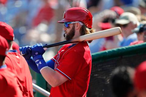 Philadelphia Phillies' Bryce Harper prepares to bat during the fourth inning of a spring traini ...