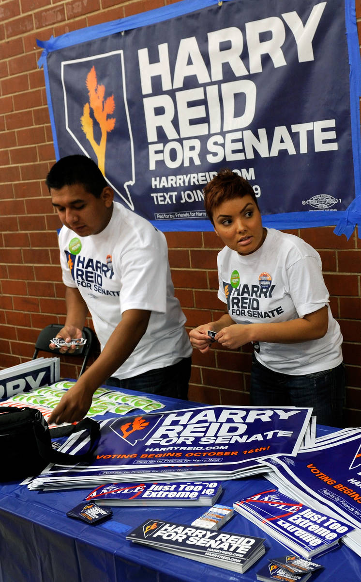 In this Oct. 12, 2010, photo, Harry Reid campaign interns Javier Rivera, left and Gabriela Lind ...