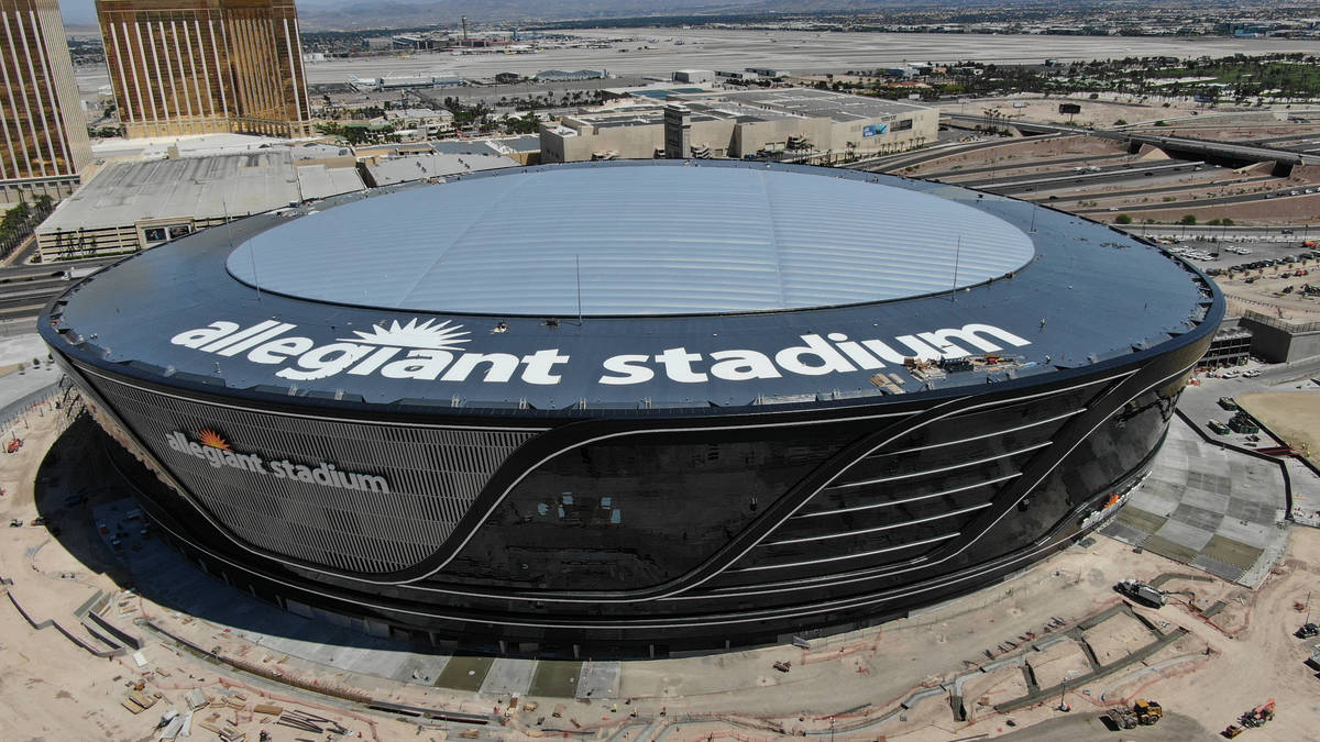 Aerial view of Allegiant Stadium with roof logo on Friday, May 8, 2020. (Michael Quine/Las Vega ...