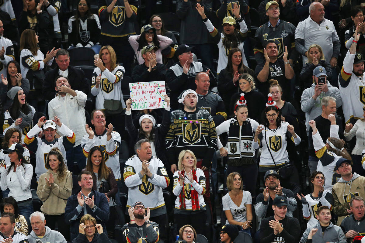 The crowd cheers during a game of the Vegas Golden Knights against the Los Angeles Kings at T-M ...