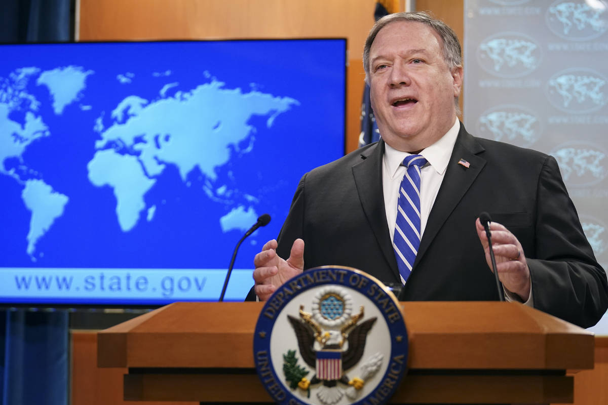 Secretary of State Mike Pompeo speaks about the coronavirus during news conference at the State ...